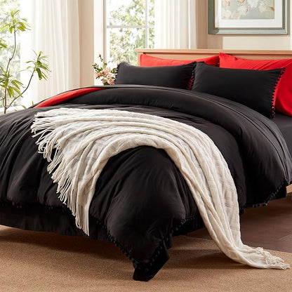 Anluoer Twin Comforter Set 5 Piece, Black Bed in a Bag with Sheets, Pom Pom Boho Bedding Comforter Sets with 1 Comforter, 1 Pillow Sham, 1 Pillowcase, 1 Flat Sheet, 1 Fitted Sheet - LeafyLoom