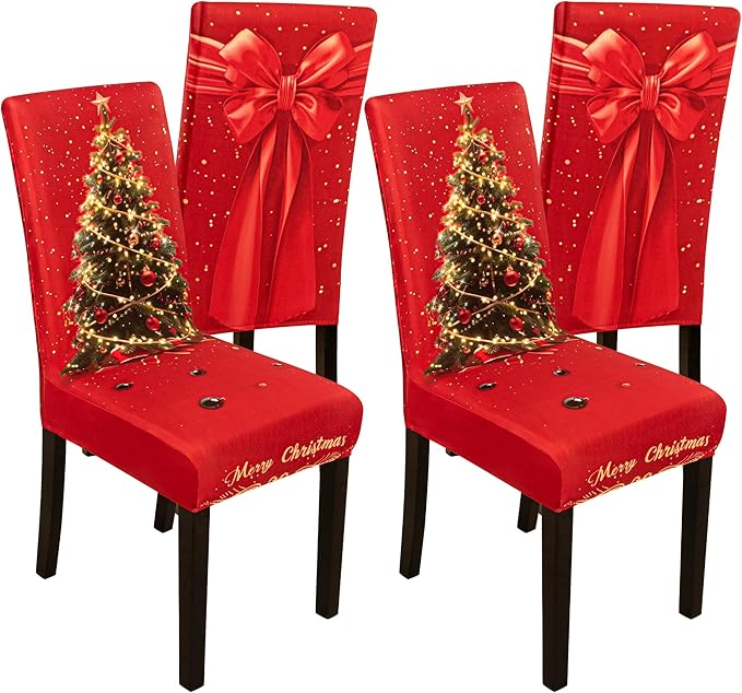 4PCS Christmas Dining Chair Covers Stretch Removable Washable Dining Room Chair Protector Slipcover 3D Print Xmas Tree Bow Tie Kitchen Chair Cover Slipcovers for Xmas Holiday Party Home Décor CZL