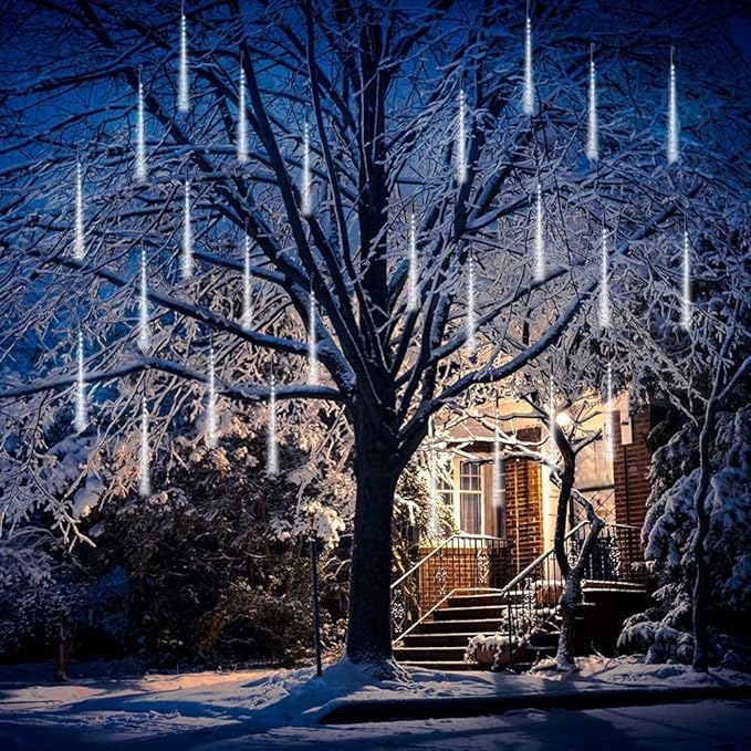 Christmas Lights Outdoor UL Certified Meteor Shower Lights 12Inch 8Tubes 192LED Falling Rain Drop Lights Icicle Snow Cascading Xmas Lights for Tree Wedding Party Garden Decoration,White Weepong