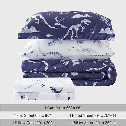 Twin Comforter Set for Boys,5 Pieces Dinosaur Kids Bedroom Bedding with Sheets and Pillowcase,Super Soft Lightweight for All Seasons,Blue,Machine Washable - LeafyLoom