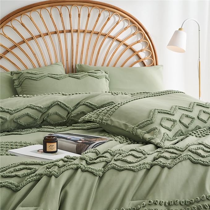 Sage Green Tufted Comforter Set Queen Size 7 Piece Bed in a Bag, Shabby Chic Boho Comforter and Sheet Set, Pom Pom Textured Bed Set, All Season Soft Microfiber Complete Bedding Set(Green,Queen) - LeafyLoom