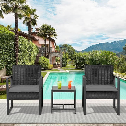 FDW 3 Piece Patio Furniture Sets Wicker Patio Chairs Rattan Outdoor Bistro Set Outdoor Furniture for Backyard Porch Poolside Lawn,Grey Cushion - LeafyLoom