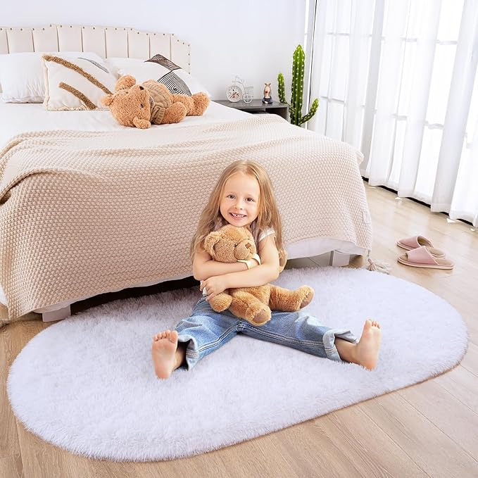 Merelax Soft Shaggy Rug for Kids Bedroom, Oval 2.6'x5.3' White Plush Fluffy Carpets for Living Room, Furry Carpet for Teen Girls Room, Anti-skid Fuzzy Comfy Rug for Nursery Decor Cute Baby Play Mat - LeafyLoom