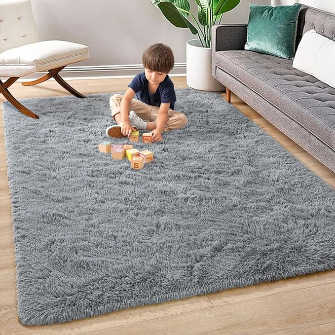 Super Soft Fluffy Shaggy Rugs for Living Room Bedroom, Fuzzy Plush Area Rugs for Girls Kids Room Nursery Home Decor, Furry Dorm Throw Rug Cute Non-Slip Indoor Floor Carpet 5x8 Feet, Grey - LeafyLoom