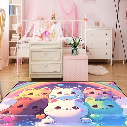 Rainbow Cat Rug for Girls - Colorful Cat Rug for Kids Bedroom Cute Cartoon Cat Pattern Rug Lovely Cat Rugs Room Decor Anime Cat Area Rug, 2x3 Feet - LeafyLoom