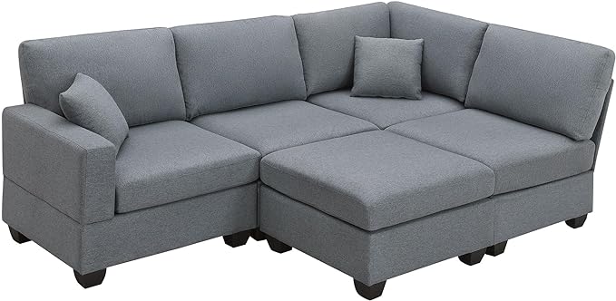 89.8" Modern Sectional Sofa with Convertible Ottoman and 2 Pillows,L-Shape Linen Fabric Corner Couch 5 Set W/Back & Cushion,can Hold up to 330 Lbs,for Apartment,Living Room,Dark Grey - LeafyLoom