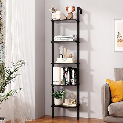 YMYNY 5 Tiers Narrow Ladder Bookcase, Industrial Wall Mounted Bookshelf, Open Display Rack with Metal Frame, Wooden Storage Shelves for Bedroom, Home Office, Living Room, Black, 70*17.3*11.8"UHBC015B - LeafyLoom