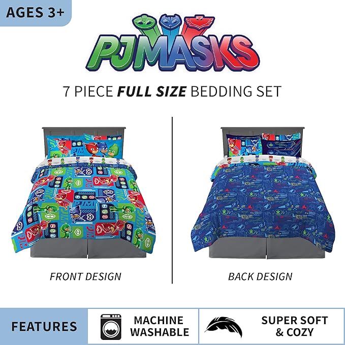 Franco Kids Bedding Super Soft Comforter and Sheet Set with Sham, 7 Piece Full Size, PJ Masks - LeafyLoom