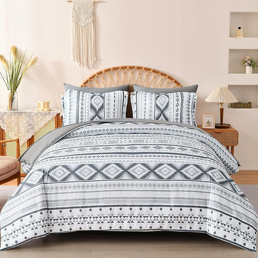 Dinjoy Grey Boho Comforter Set Queen Size,7 Pieces Bed in a Bag Queen Light Gray Aztec Bedding Sets with Sheets Bohemian Geometric Striped Complete Set for All Seasons 90"x90" - LeafyLoom