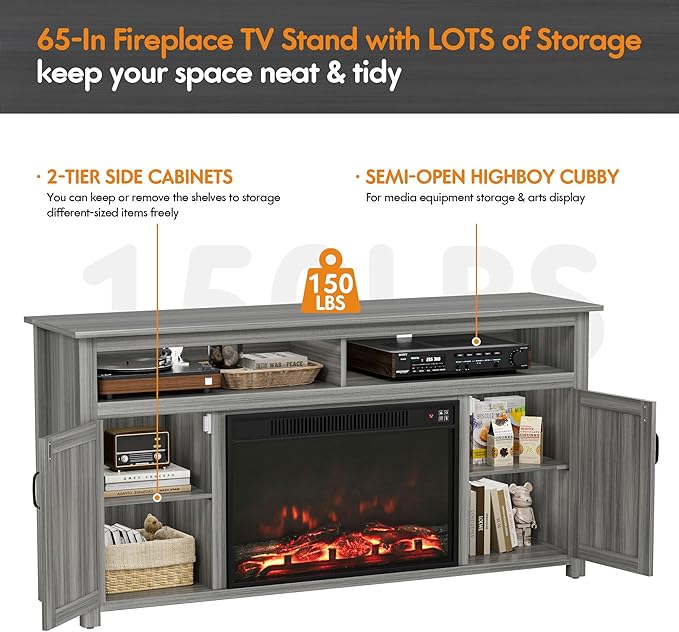 YESHOMY Fireplace TV Stand for Television up to 65+ Inch with Storage and Farmhouse Barn Doors, Entertainment Center with Cabinet and Shelves, Media Console for Living Room, Gray Wash - LeafyLoom