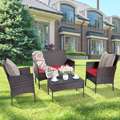 Patio Furniture Set 4 Pieces Conversation Sets Outdoor Wicker Rattan Chairs Garden Backyard Balcony Porch Poolside Loveseat with Soft Cushion and Tempered Glass Table(Brown/Red) - LeafyLoom