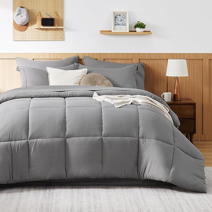 Bedsure Twin Comforter Set - 5 Pieces Solid Twin Bed in a Bag, Twin Bed Set Grey with Quilted Warm Fluffy Comforters, Sheets, Pillowcase & Sham - LeafyLoom