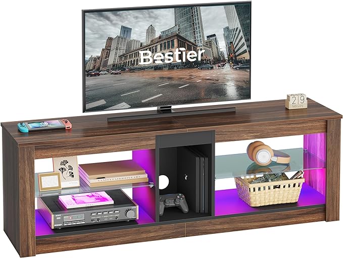 Bestier 55 Inch TV Stand with LED light, Adjustable Glass Shelves, 22 Dynamic RGB Colors, P2 Particle Board, for Entertainment Center, Living Room, Gaming Room, and Bedroom, Dark Walnut - LeafyLoom