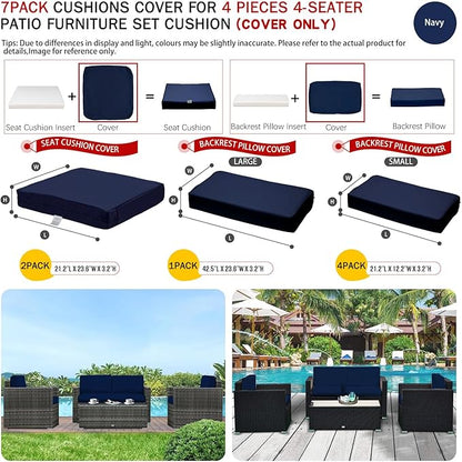 ClawsCover 7Pack Outdoor Seat and Back Cushions Replacement Covers Fits for 4-Seater 4Pieces Wicker Rattan Patio Conversation Set Sectional Couch Chair Furniture,Navy-Include Cover Only - LeafyLoom