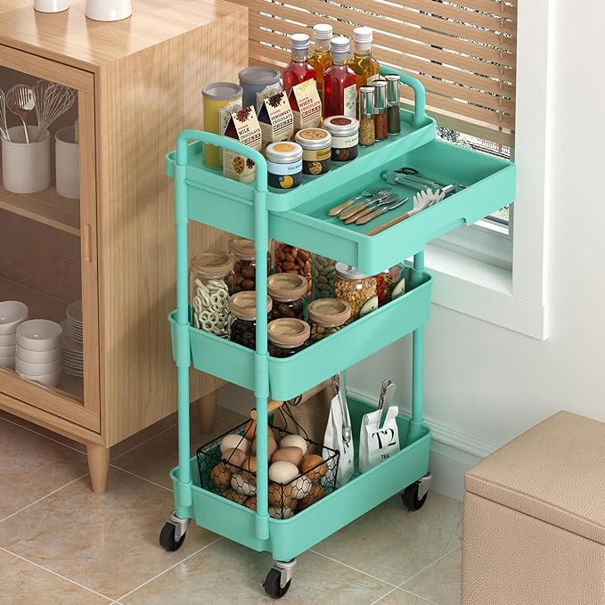 3-Tier Rolling Cart，Trolley with Drawer, Kitchen Storage Organizer with Plastic Shelf & Metal Wheels, Storage Cart for Living Room, Kitchen, Office, Bathroom, Green - LeafyLoom