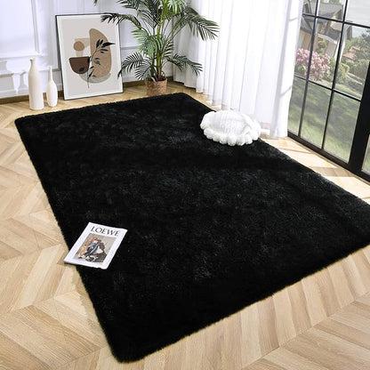 Super Soft Fluffy Shaggy Rugs 3x5 Feet for Living Room Bedroom, Fuzzy Plush Area Rugs for Girls Kids Room Nursery Home Decor, Furry Dorm Rug Cute Non-Slip Indoor Floor Carpet, Black - LeafyLoom