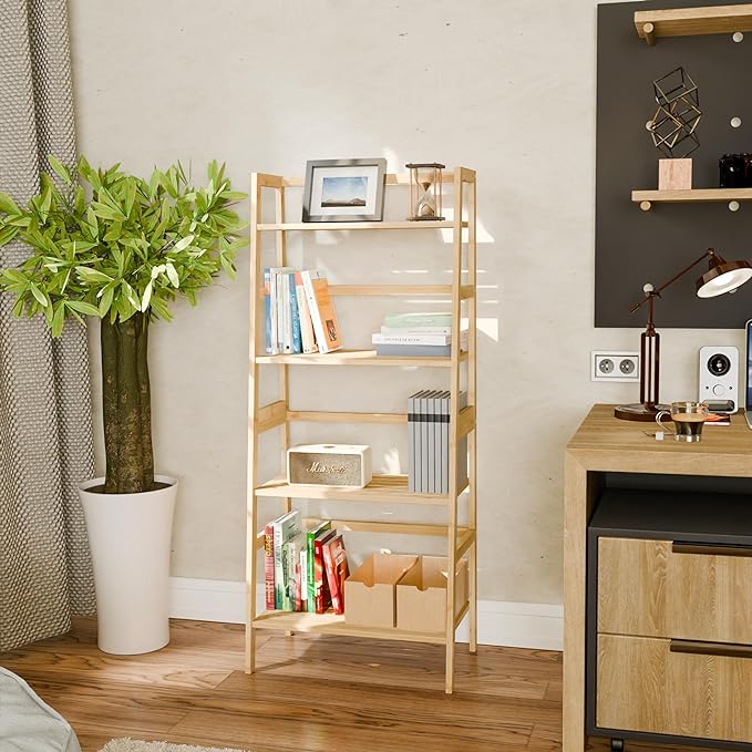 Ladder Shelf, 4-Tier Bookshelf, Bamboo Leaning Bookcase, Display Storage Rack Organizer, Freestanding Flower Plant Stand for Living Room, Home Office, Kitchen, Natural - LeafyLoom