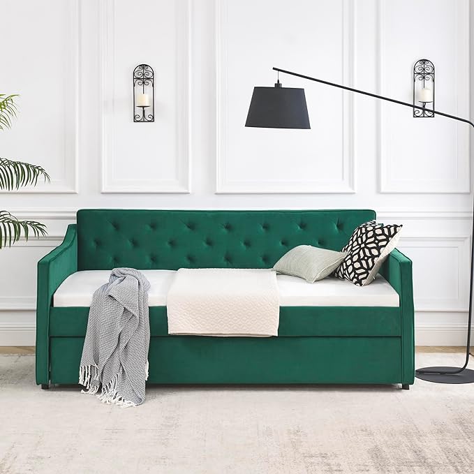 RITSU Twin Size Daybed with Casters, Modern Button Upholstered Velvet Sofa Bed w/Waved Shape Arms, No Box Spring Needed, for Bedroom, Livingroom, Green, 80.50 - LeafyLoom