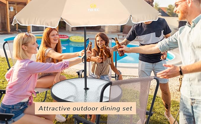 Nice C Outdoor Dining Sets, Patio Furniture Set, 8 Piece Set with Umbrella, Garden Outdoor Furniture Table Set with Tilted Removable Umbrella, Glass Table, and 6 Folding Chairs (Beige-6 Piece) - LeafyLoom