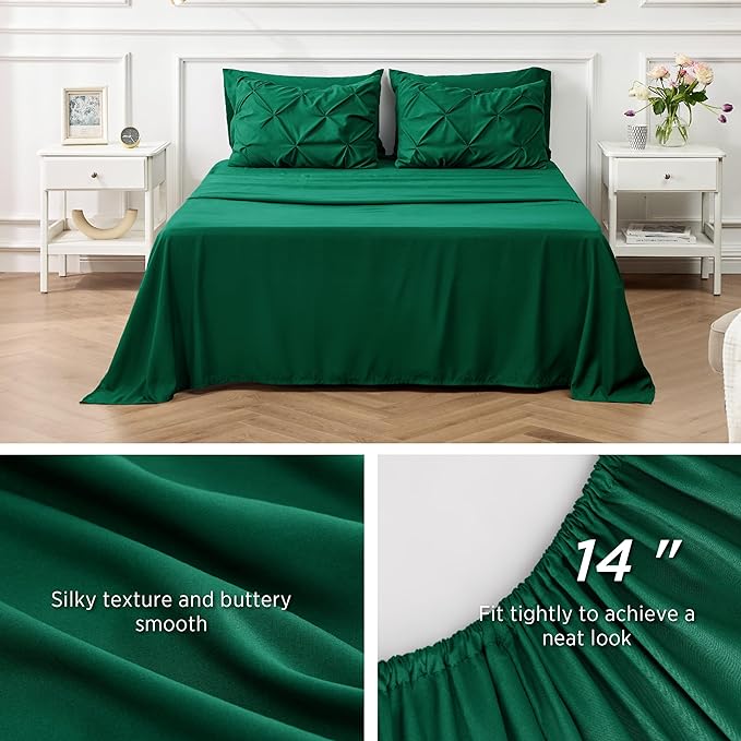 Bedsure California King Comforter Set - Cal King Bed Set 7 Pieces, Pinch Pleat Dark Green Cali King Bedding Set with Comforter, Sheets, Pillowcases & Shams - LeafyLoom