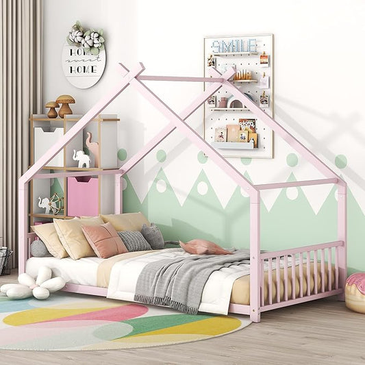 RITSU Twin Size Montessori Floor House Bed, Bedframe with Metal Slat & with Headboard and Footboard, Sturdy Construction, for Children's Room, Girls, Boys, Pink - LeafyLoom