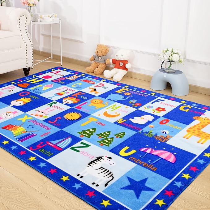 Terrug Kids Rugs ABC Alphabet Carpet Playmat, Word Educational Area Rug, Non Slip Cute Cartoon Daycare Supplies, Kids Gift for Playroom, Classroom, Bedroom and Nursery (3x5 Feet) - LeafyLoom