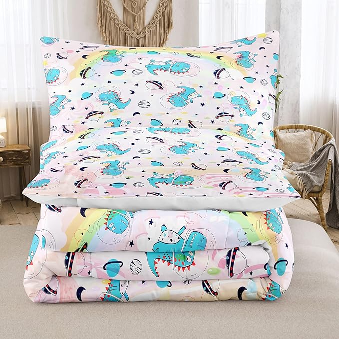 NINENINE Pink Dinosaur Bedding Set Colorful Rainbow Castle UFO Space Theme Comforter Set,Full Size Kids Bedding Sets for Boys Girls, Little Dinosaur Comforter Set with 1 Comforter 2 Pillowcases - LeafyLoom