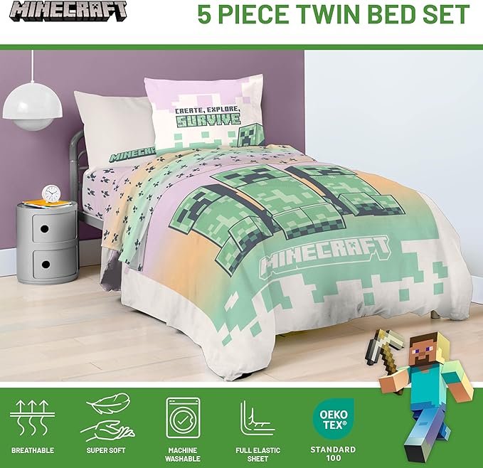 Minecraft Creeper Twin Comforter Set - 5 Piece Bedding includes Sheet Set & Pillow Covers - Super Soft Pink & Green Kids Bedding - LeafyLoom