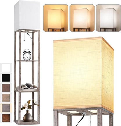 Floor Lamp with Shelves for Living Room Oak Gray, Shelf Floor Lamp with 3 CCT LED Bulb, Corner Display Standing Column Lamp Etagere Organizer Tower Nightstand with White Linen Shade for Bedroom Office - LeafyLoom