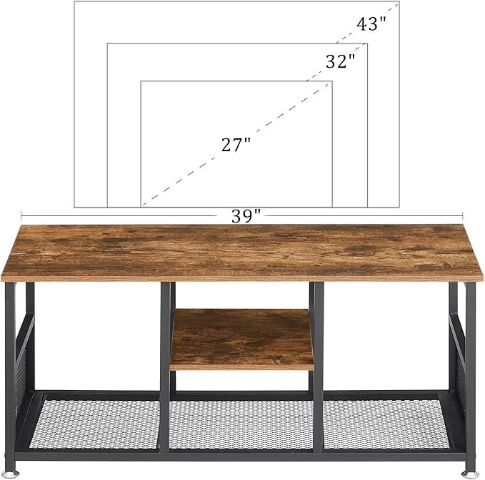 VECELO Industrial 39" TV Stand,3-Tier Console Table, Media Entertainment Center for 47 Inches Television, for Living Room Bedroom, Rustic Brown - LeafyLoom