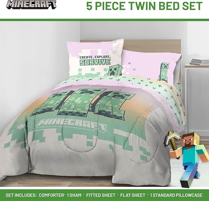 Minecraft Creeper Twin Comforter Set - 5 Piece Bedding includes Sheet Set & Pillow Covers - Super Soft Pink & Green Kids Bedding - LeafyLoom