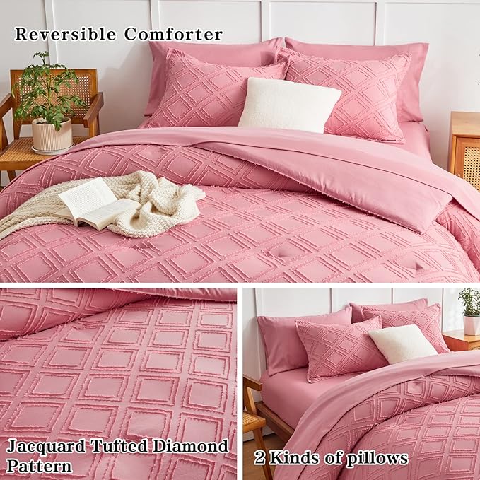 7 Pieces Tufted Bed in a Bag King Comforter Set with Sheets Pink, Soft and Embroidery Shabby Chic Boho Bohemian, Luxury Solid Color with Diamond Pattern, Jacquard Tufts Bedding Set for All Season - LeafyLoom