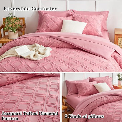 7 Pieces Tufted Bed in a Bag King Comforter Set with Sheets Pink, Soft and Embroidery Shabby Chic Boho Bohemian, Luxury Solid Color with Diamond Pattern, Jacquard Tufts Bedding Set for All Season - LeafyLoom