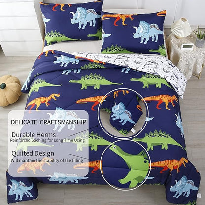 RYNGHIPY Cartoon Dinosaur Comforter Set, Dark Blue Dinosaur Kids Bedding Set for Boys, Dinosaurs Print Comforter Sets for Kids/Toddlers/Teens (Dinosaur,Twin) - LeafyLoom