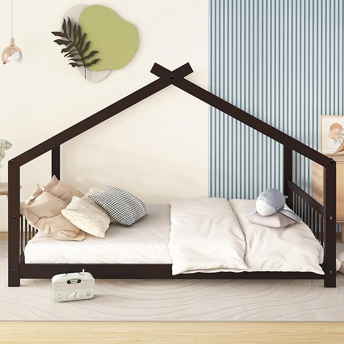 Bellemave Wood Montessori Full Size Bed Frame, Espresso - Playhouse Design, Sturdy, Safety, No Box Spring Needed, Easy Assemble - LeafyLoom