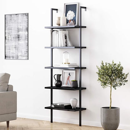 Nathan James Theo 5-Shelf Black Modern Bookcase, Open Wall Mount Ladder Bookshelf with Industrial Metal Frame - LeafyLoom