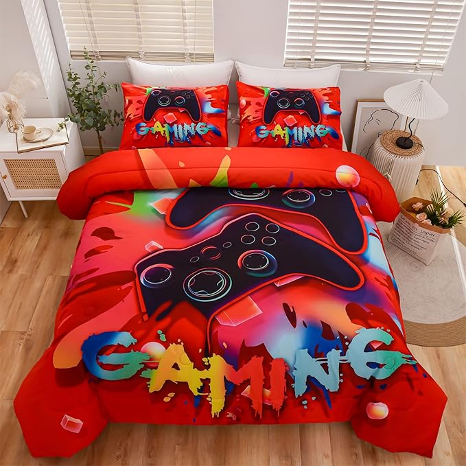 Aimuan Gaming Comforter Sets for Boys Kids Bedding Sets Video Games Console Action Buttons Novelty Colorful Game Gamepad Controller Modern Gamer Room Decor Home Quilt Set (Twin, Red) - LeafyLoom