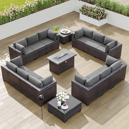 Kullavik 15PCS Outdoor Patio Furniture Set with 43" 55000BTU Gas Propane Fire Pit Table PE Wicker Rattan Sectional Sofa Patio Conversation Sets w/8 Coner Sofas,Grey - LeafyLoom