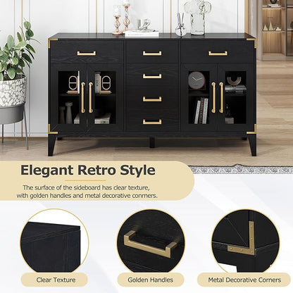 60" Retro Sideboard with 6-Drawer and 2-Cabinet,Multifunctional Buffet,w/Gold Handles & Solid Wood Legs,Extra Large Storage Space,for Kitchen and Living Room,Black - LeafyLoom