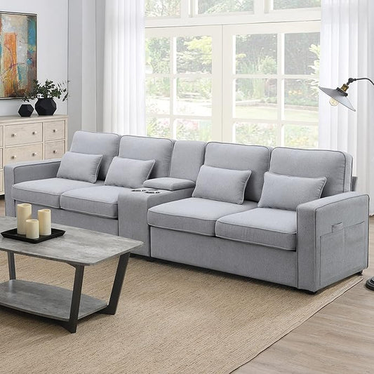 114.2" Linen Upholstered Sofa with Consoleand 2 USB Ports Wired or Wirelessly Charged,Modern 4-Seat Couches W/ 4 Pillows and Two Cupholders,for Living Room,Apartment, Gray, Light Grey - LeafyLoom