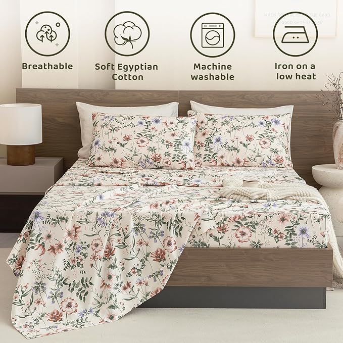 QSH Floral Egyptian Cotton Sheets King Size - Pink Flowers Green Leaves Pattern Printed Bedding King Size Bed Sheets 17.5" Extra Deep Pocket 4pcs - LeafyLoom