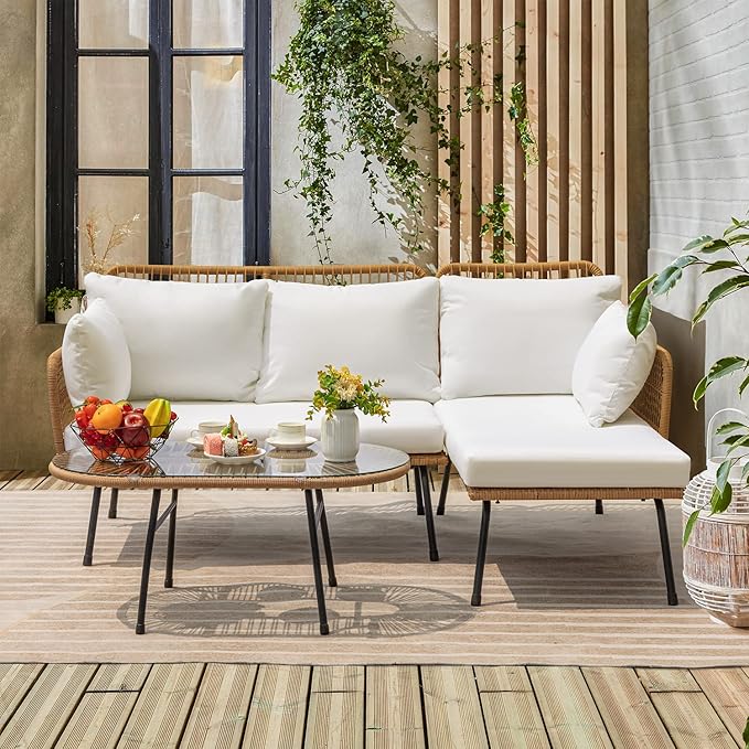 Greesum Outdoor Rope Woven Patio Furniture L-Shaped Conversation Sectional Sofa Set Detachable Lounger for Backyard Porch with Thick Cushions & Long Table, White - LeafyLoom