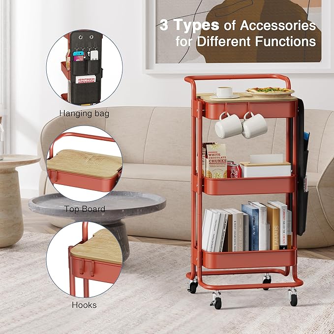 DTK 3 Tier Metal Utility Rolling Cart with Table Top and Side Bags, Tray Storage Organizer Wheels, Art Craft 4 Hooks for Kitchen Bathroom Office Living Room(Red) - LeafyLoom