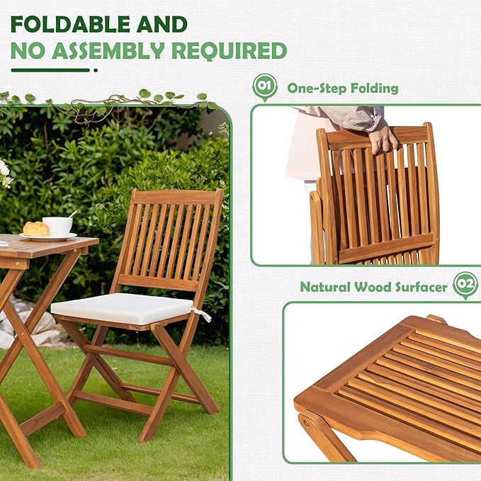 Greesum 3 Piece Patio Folding Furniture Bistro Set with 2 Chairs and Square Table for Pool Beach Backyard Balcony Porch Deck Garden, Acacia Wood - LeafyLoom