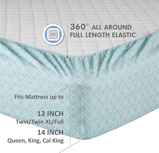 Comfort Spaces Cotton Flannel Breathable Warm Deep Pocket Sheets with Pillow Case Bedding, Full, Aqua Geo 4 Piece - LeafyLoom