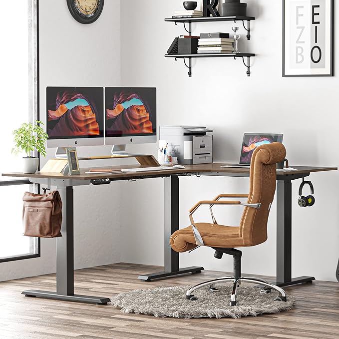 FEZIBO Triple Motor L-Shaped Electric Standing Desk, 75 Inches Height Adjustable Stand up Corner Desk, Sit Stand Workstation with Splice Board, Black Frame/Black Walnut Top - LeafyLoom