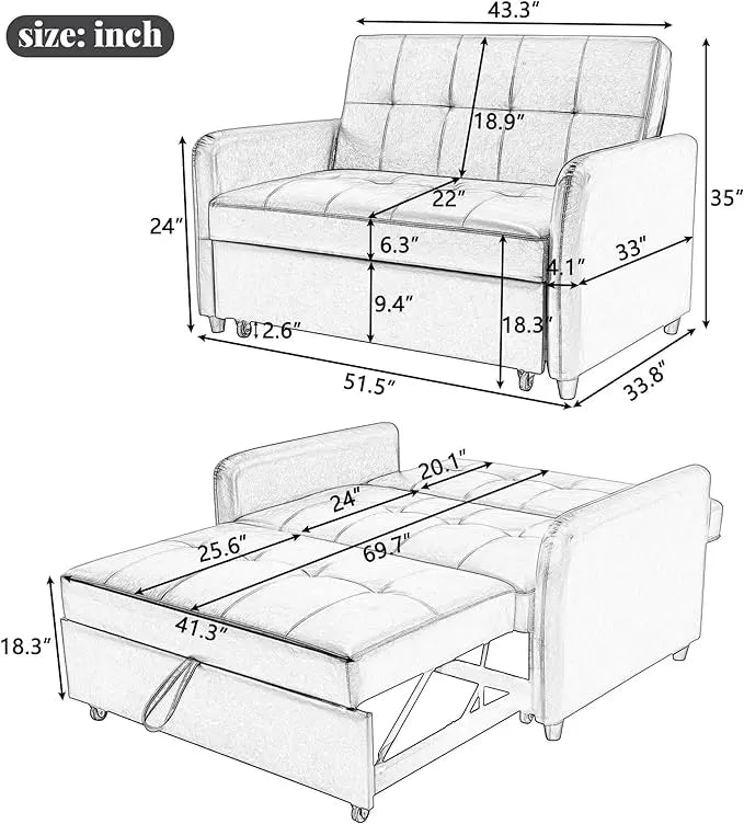 3 in 1 Convertible Sleeper Loveseat Sofa with Pull Out Bed, Reclining Backrest and Dual USB Ports , Faxu Leather Futon Couches Pullout Sofabed Lounge Chaise for Living Room Apartment Small Place - LeafyLoom