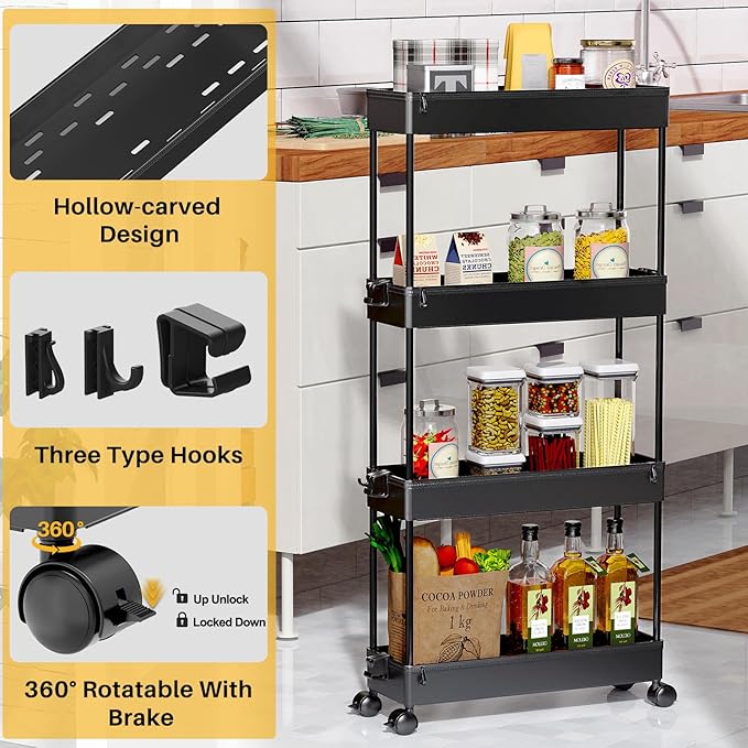 SPACEKEEPER Slim Rolling Storage Cart 4 Tier Organizer Mobile Shelving Unit Utility Cart Tower Rack for Kitchen Bathroom Laundry Narrow Places, Black - LeafyLoom