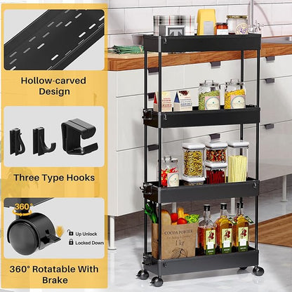 SPACEKEEPER Slim Rolling Storage Cart 4 Tier Organizer Mobile Shelving Unit Utility Cart Tower Rack for Kitchen Bathroom Laundry Narrow Places, Black - LeafyLoom