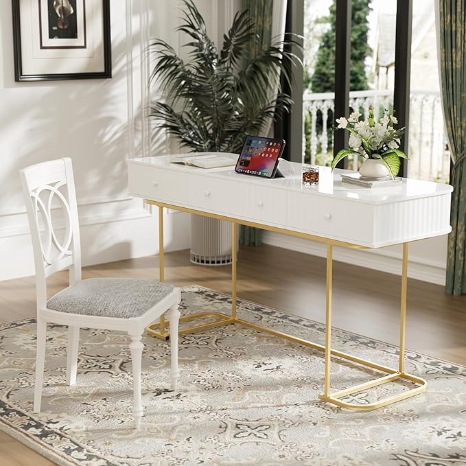 NicBex Laik-DW-00001-DX Desks, 48.26" W x 23.62" D x 30.7" H, Gold+White - LeafyLoom